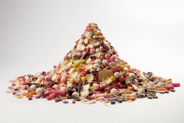 A mountain of sweets on a white background created with generative AI technology