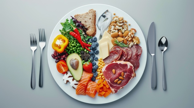 a plate divided into sections, a balanced diet that emphasizes the importance of the right types of fats, countering the notion that saturated fats are the primary culprits of cardiovascular disease