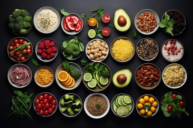 Healthy food in bowls over black background. Top view, flat lay, Assortment of healthy food dishes, top view, AI Generated