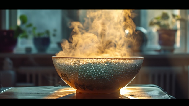 Morning Light Illuminates Steam Over a Textured Bowl