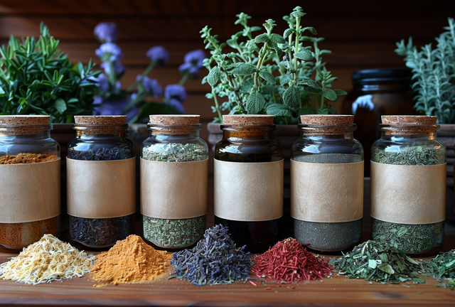 Various healing herbs and flowers in glass bottles on wooden table.