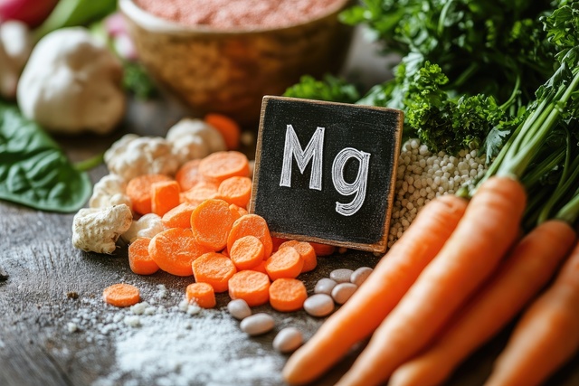 Different vegetables, legumes and a chalkboard with the symbol mg for magnesium