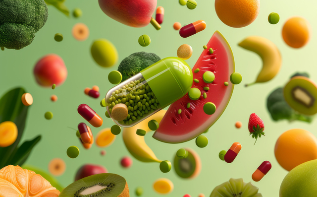 Floating capsule with vitamins and colorful fruits and vegetables.