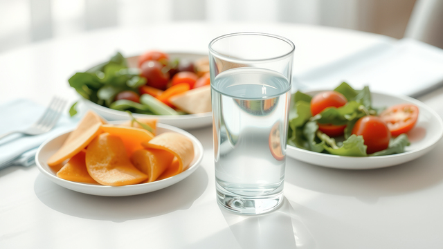 A glass of water sits on a white table next to a bowl of fruit salad and a bowl of vegetable salad. The image is a perfect representation of healthy eating and a balanced diet.