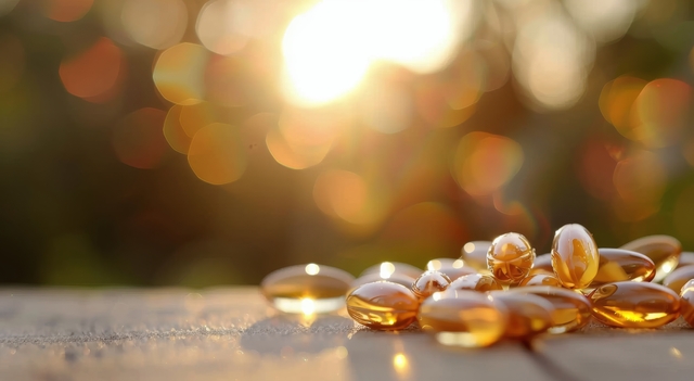 A cluster of golden capsules rest on a wooden surface, surrounded by green leaves. The sun shines brightly in the background, creating a warm and inviting atmosphere.