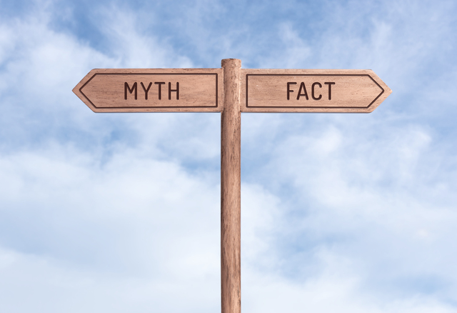 Myth or fact concept. Opposite directions on signpost with sky background