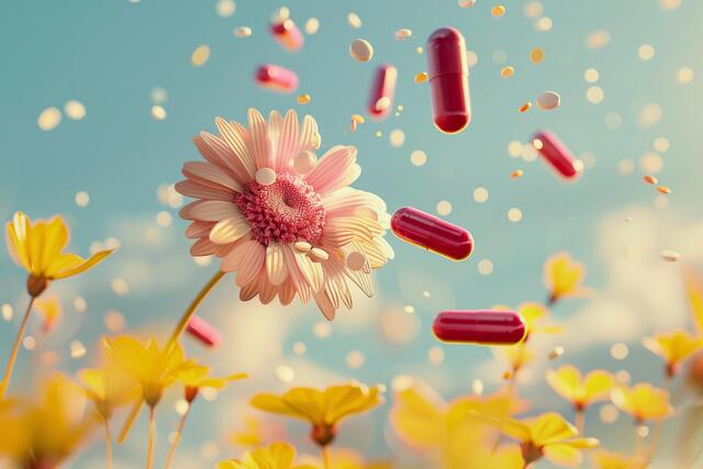 Pink flower with pills falling from the sky in a field of yellow flowers