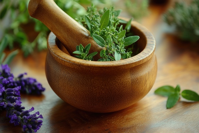 Wooden mortar and pestle crushing fresh herbs sits on a wooden table surrounded by lavender and herbs