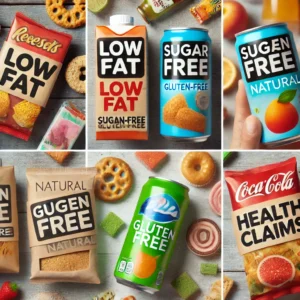 DALL·E 2024-12-04 12.03.32 - A collage of food packaging with different health claims like 'Low-Fat,' 'Sugar-Free,' 'Gluten-Free,' and 'Natural.' Some packaging should feature mis