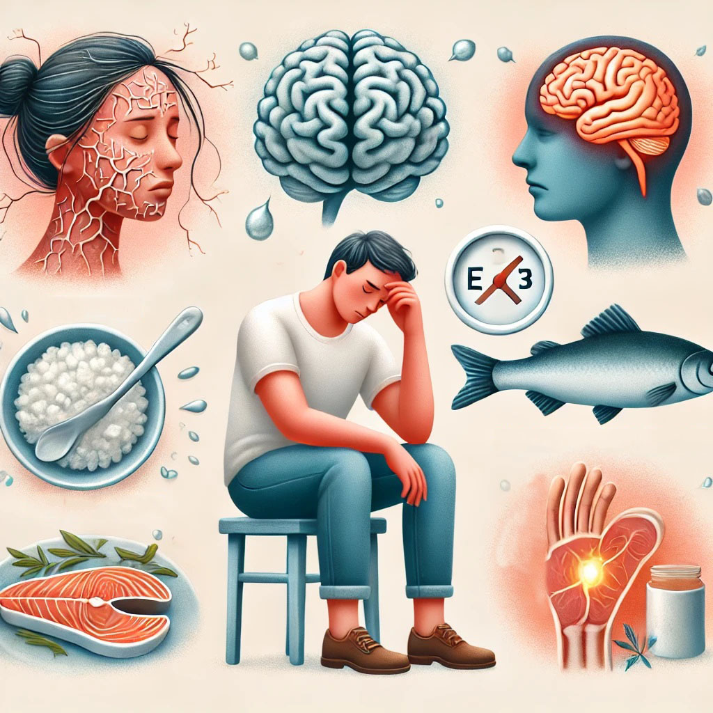 DALL·E 2024-12-16 15.57.12 - A visually engaging illustration representing symptoms of Omega-3 deficiency. The image features_ a person with dry, flaky skin and brittle hair (clos